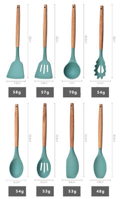 Bộ dụng cụ nấu ăn silicone 12 miếng với khả năng chống nhiệt độ cao và tay cầm gỗ sồi